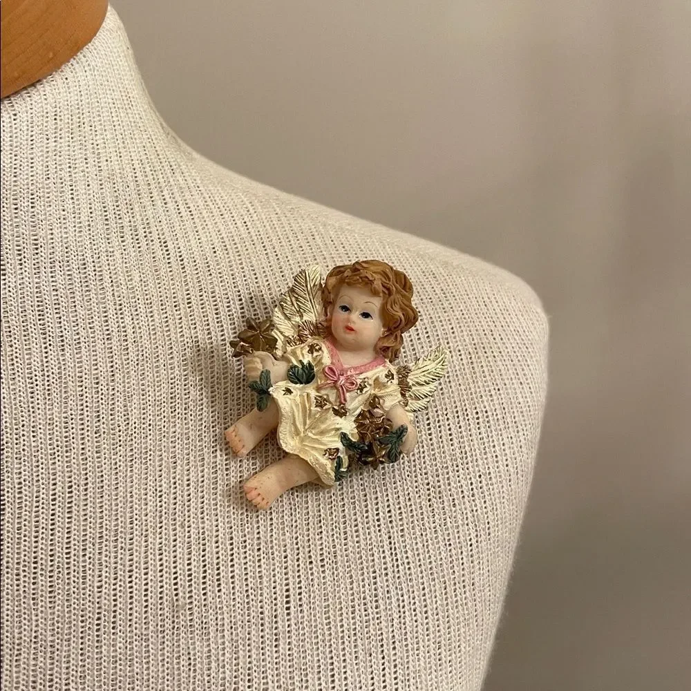 Vintage Charming Angel Figurine with Gold and Cream Dress Brooch